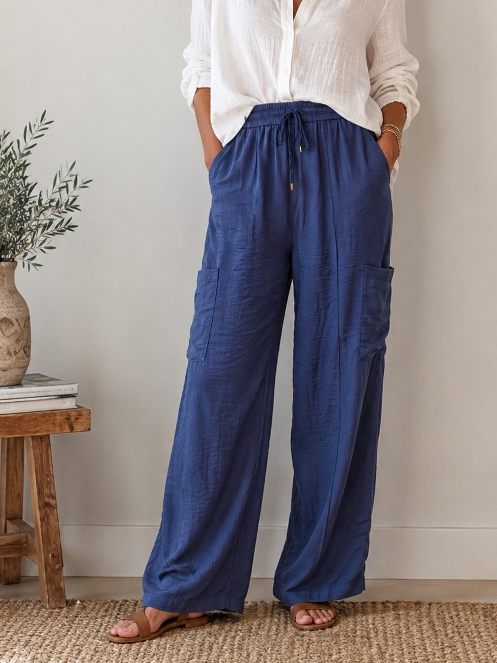 Anthropologie Skies Are Blue Navy Satin Cargo Pants